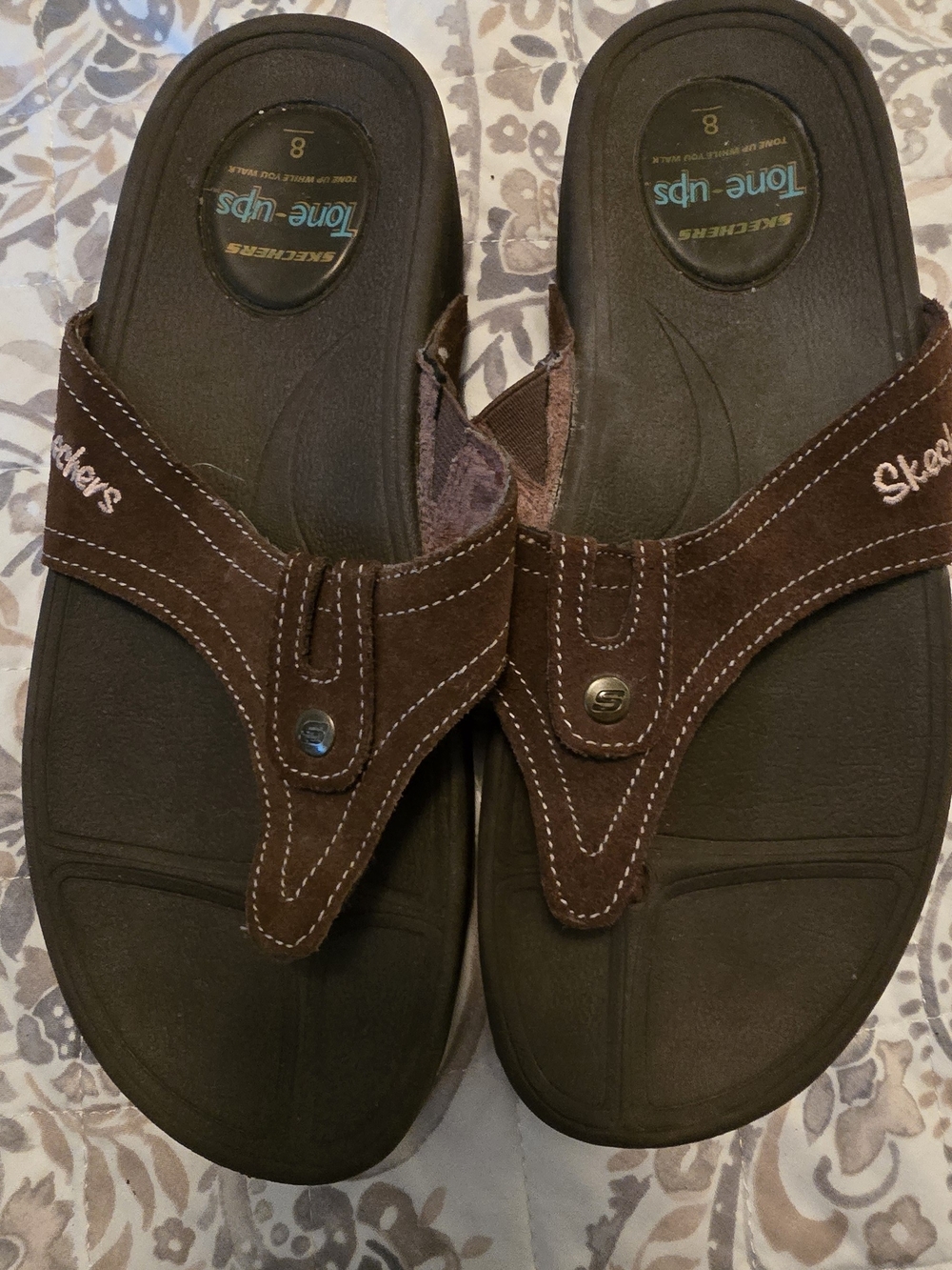 Skechers Tone-ups Thong Sandals Brown/Black Faux Leather Slip-On US 8 M